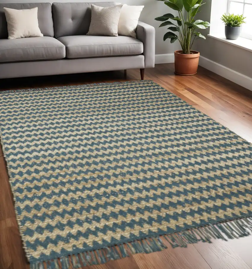 Teal Chevron Hand Woven Stain Resistant Area Rug With Fringe Photo 1