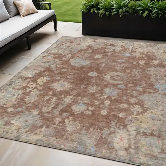 Chili Red And Beige Floral Washable Indoor Outdoor Area Rug Photo 1
