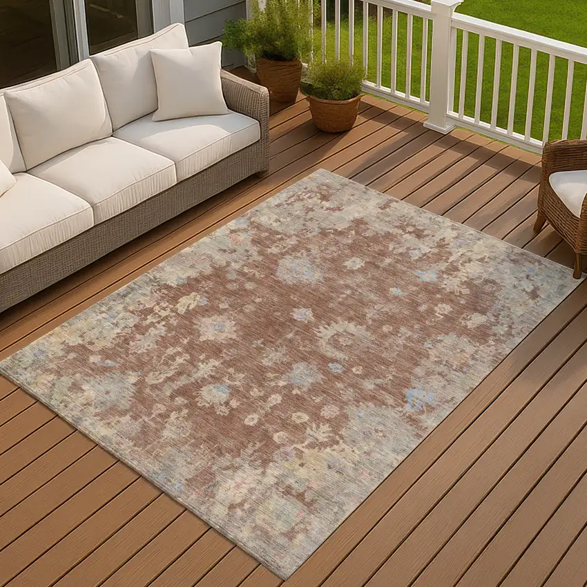 Chili Red And Beige Floral Washable Indoor Outdoor Area Rug Photo 7