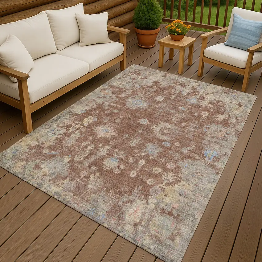 Chili Red And Beige Floral Washable Indoor Outdoor Area Rug Photo 9