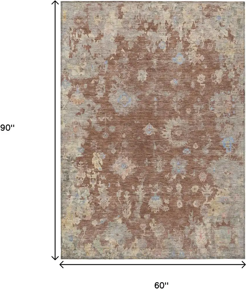 Chili Red And Beige Floral Washable Indoor Outdoor Area Rug Photo 3