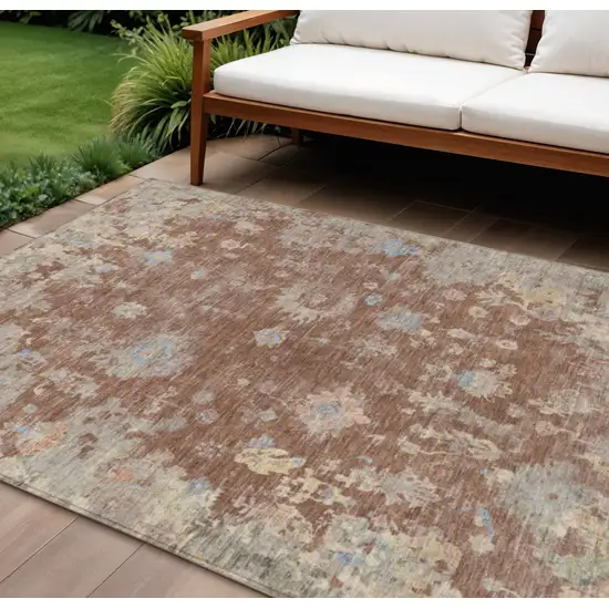 Chili Red And Beige Floral Washable Indoor Outdoor Area Rug Photo 1