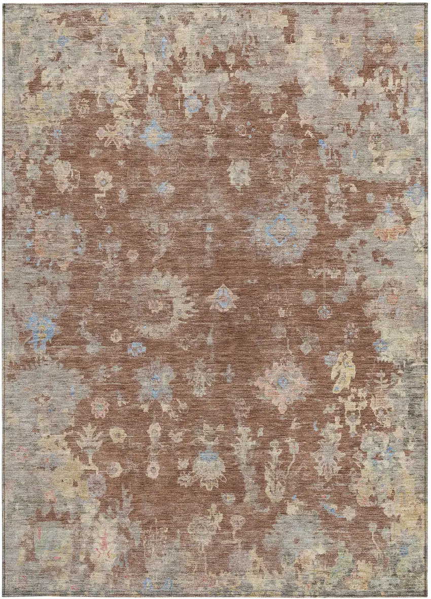 Chili Red And Beige Floral Washable Indoor Outdoor Area Rug Photo 5