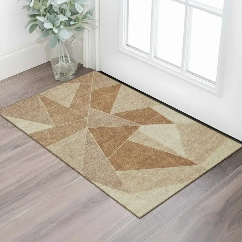 Chili Red And Beige Geometric Washable Area Rug With UV Protection Photo 1