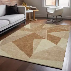 Photo of Chili Red And Beige Geometric Washable Area Rug With UV Protection