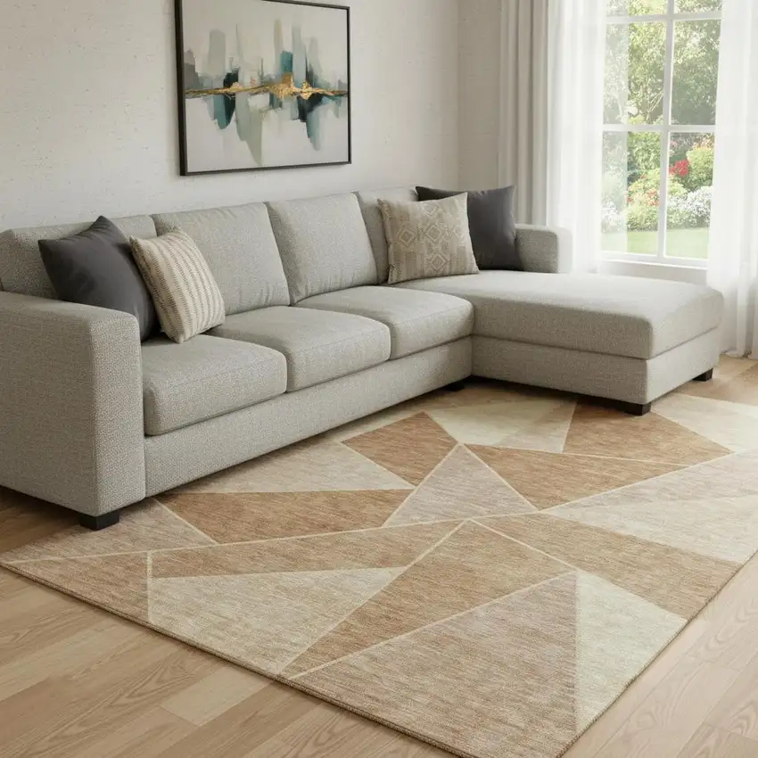 Chili Red And Beige Geometric Washable Area Rug With UV Protection Photo 1