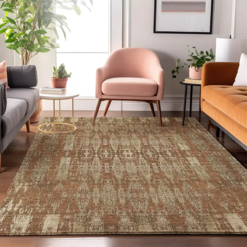 Chili Red And Beige Moroccan Washable Area Rug With UV Protection Photo 3