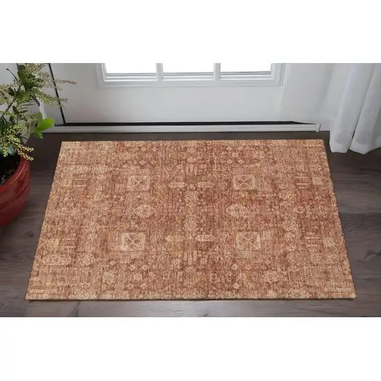 Chili Red And Copper Floral Washable Area Rug With UV Protection Photo 2