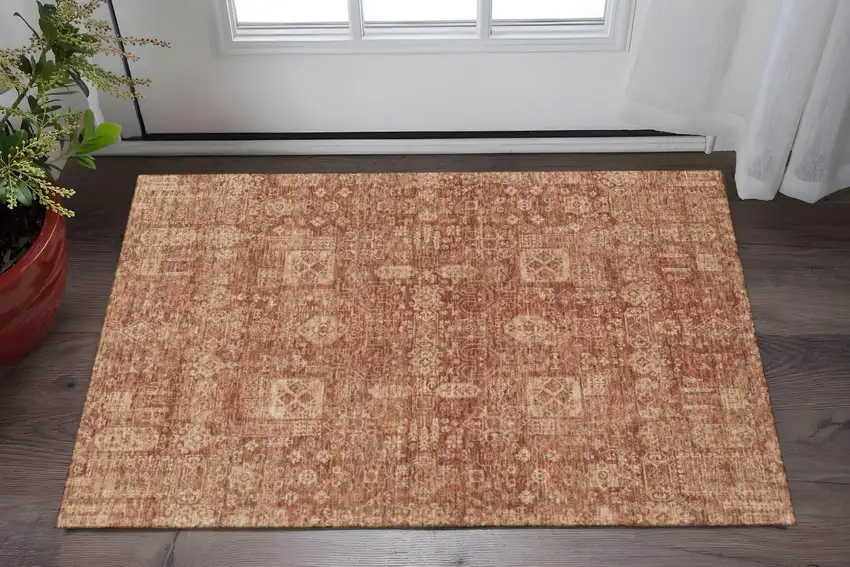 Chili Red And Copper Floral Washable Area Rug With UV Protection Photo 2