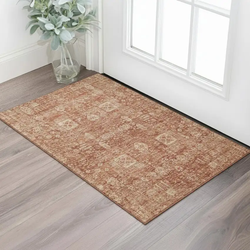 Chili Red And Copper Floral Washable Area Rug With UV Protection Photo 1