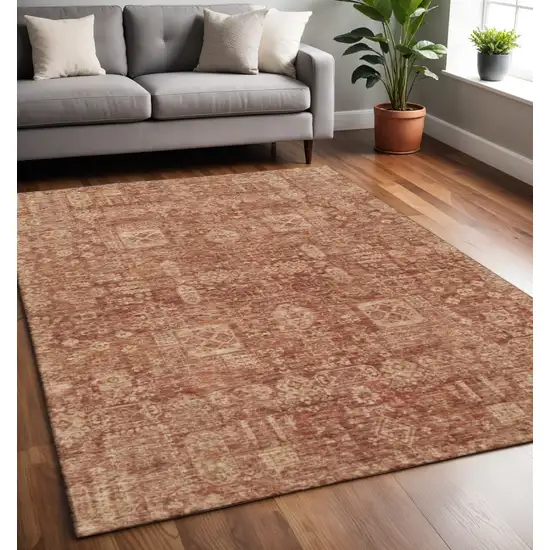 Chili Red And Copper Floral Washable Area Rug With UV Protection Photo 2