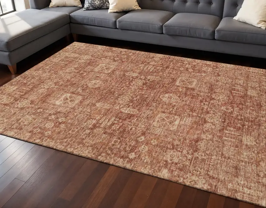 Chili Red And Copper Floral Washable Area Rug With UV Protection Photo 2