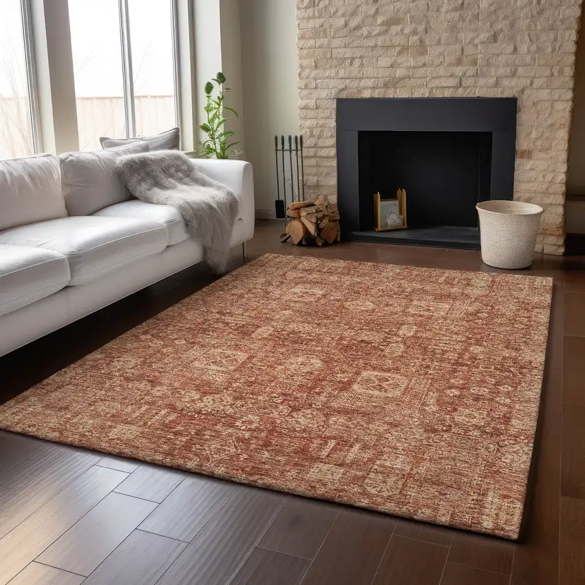 Chili Red And Copper Floral Washable Area Rug With UV Protection Photo 5
