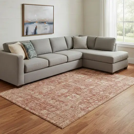 Chili Red And Copper Floral Washable Area Rug With UV Protection Photo 1