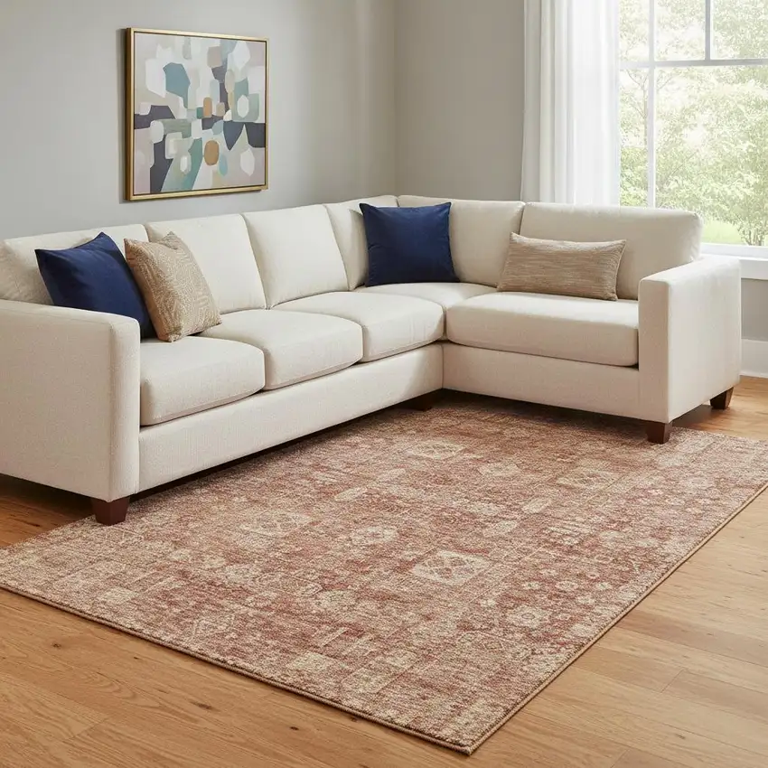 Chili Red And Copper Floral Washable Area Rug With UV Protection Photo 1