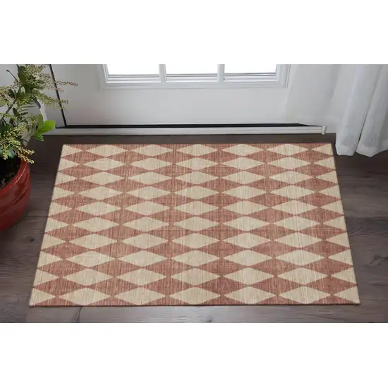 Chili Red And Ivory Diamond Washable Area Rug With UV Protection Photo 2