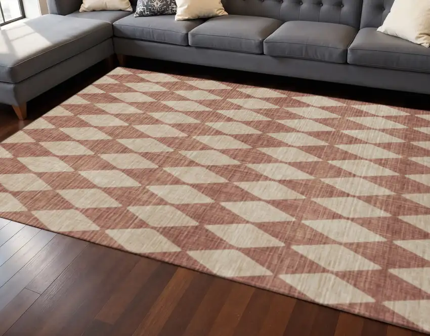 Chili Red And Ivory Diamond Washable Area Rug With UV Protection Photo 2