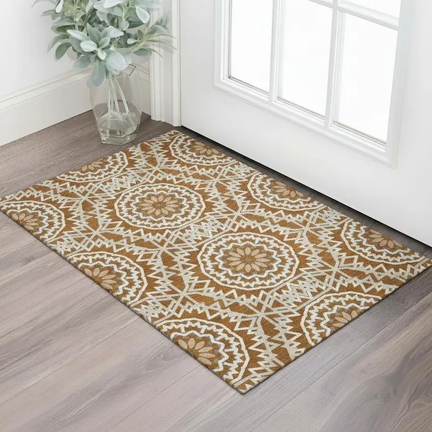 Chili Red And Ivory Geometric Washable Area Rug With UV Protection Photo 1