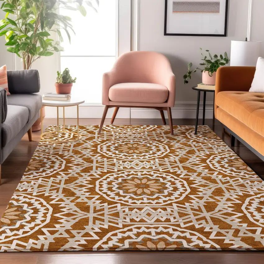 Chili Red And Ivory Geometric Washable Area Rug With UV Protection Photo 3