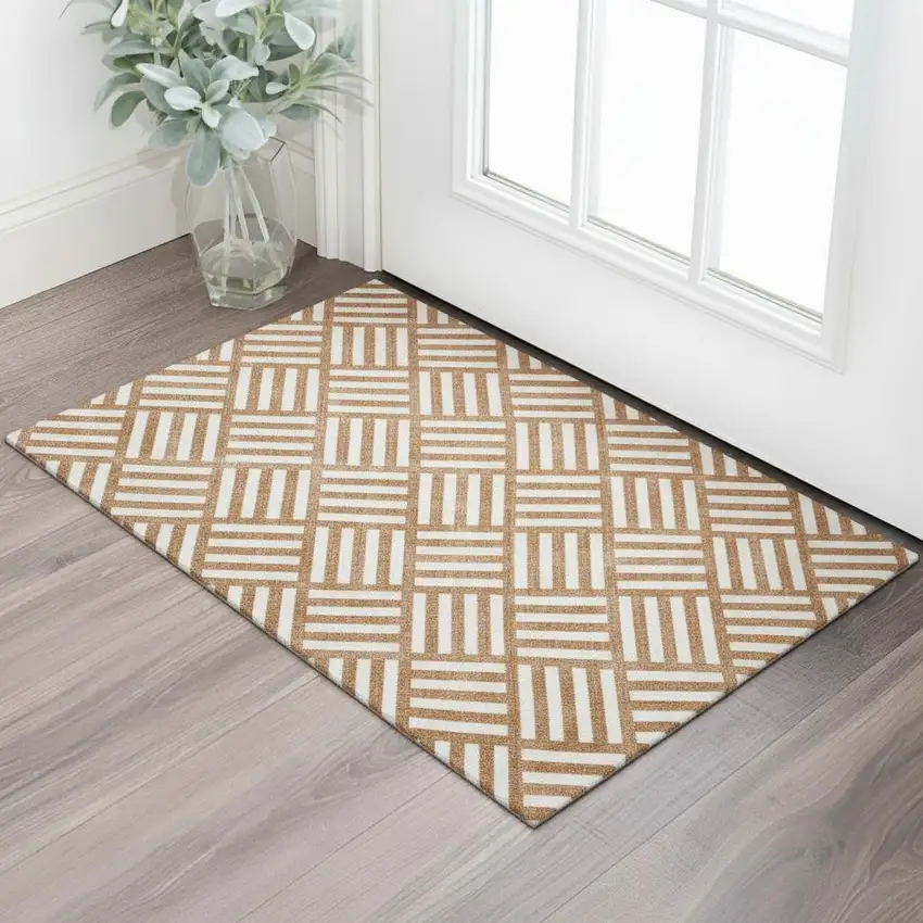 Chili Red And Ivory Geometric Washable Area Rug With UV Protection Photo 1