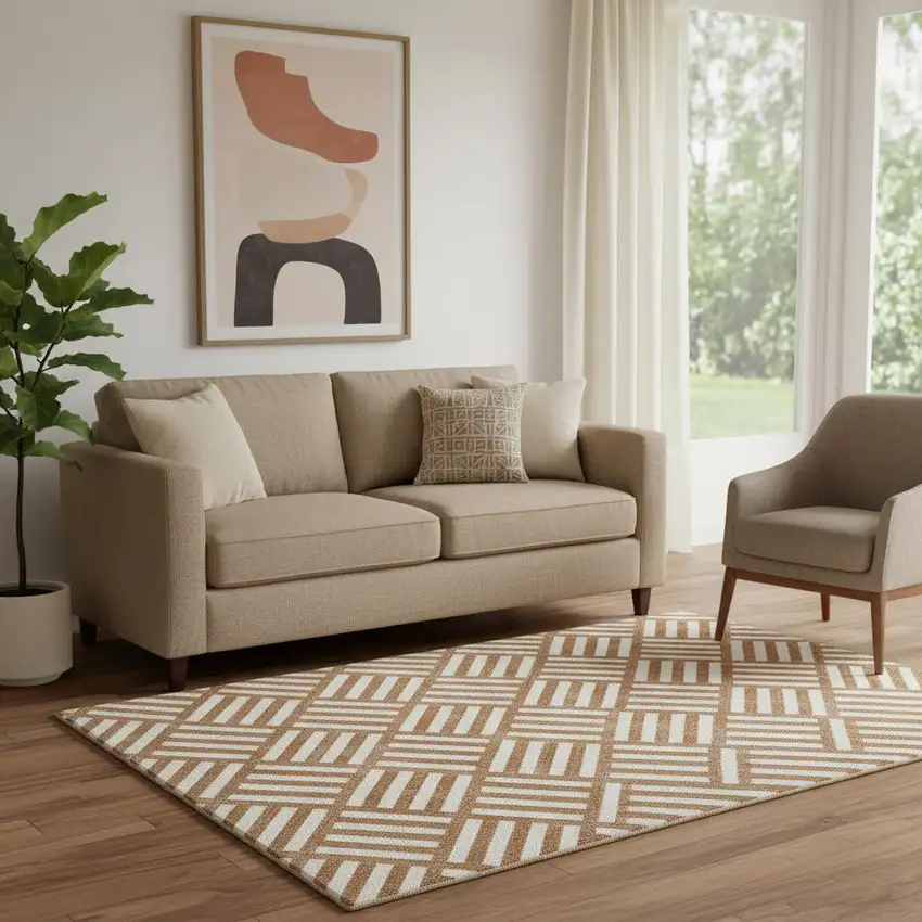 Chili Red And Ivory Geometric Washable Area Rug With UV Protection Photo 1