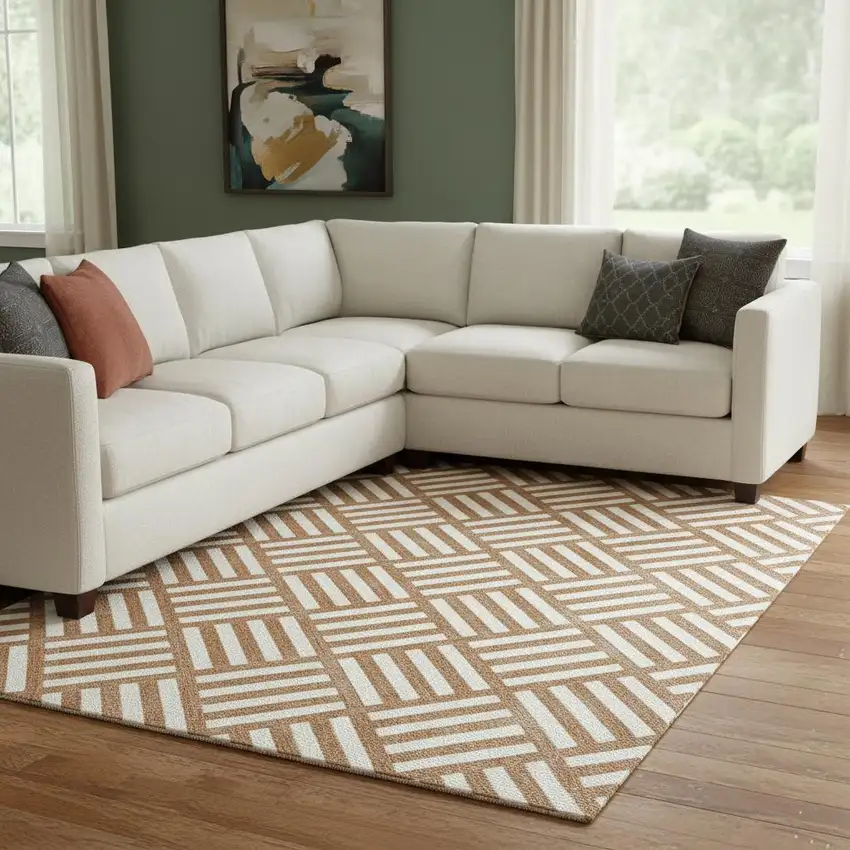 Chili Red And Ivory Geometric Washable Area Rug With UV Protection Photo 1