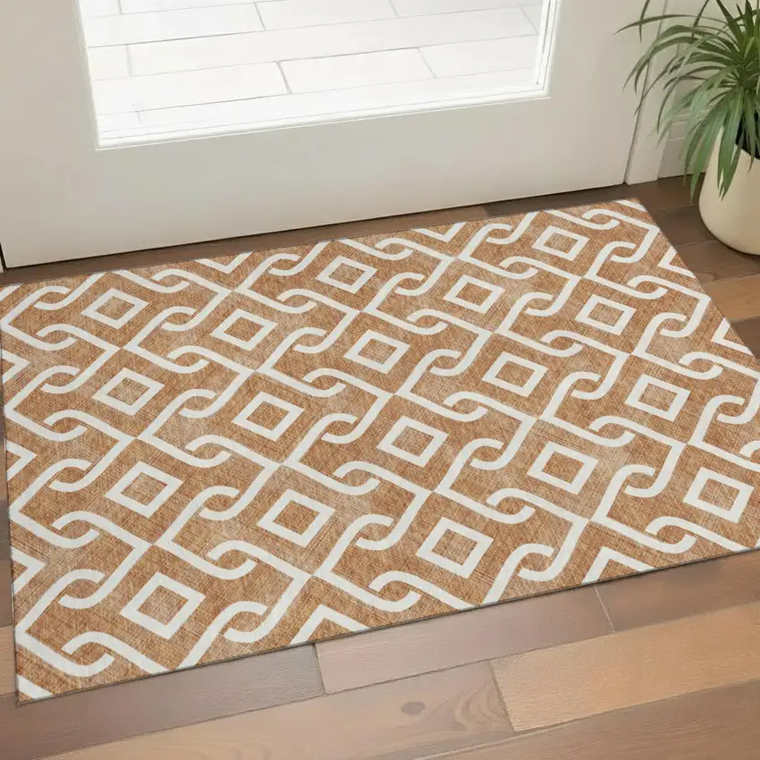 Chili Red And Ivory Geometric Washable Area Rug With UV Protection Photo 1