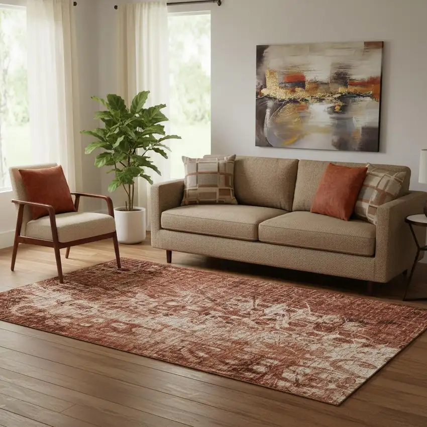 Chili Red And Ivory Ikat Washable Area Rug With UV Protection Photo 1