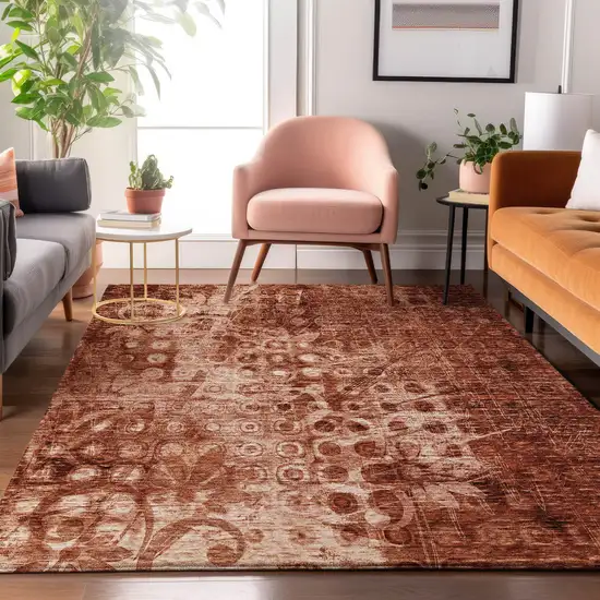 Chili Red And Ivory Ikat Washable Area Rug With UV Protection Photo 3