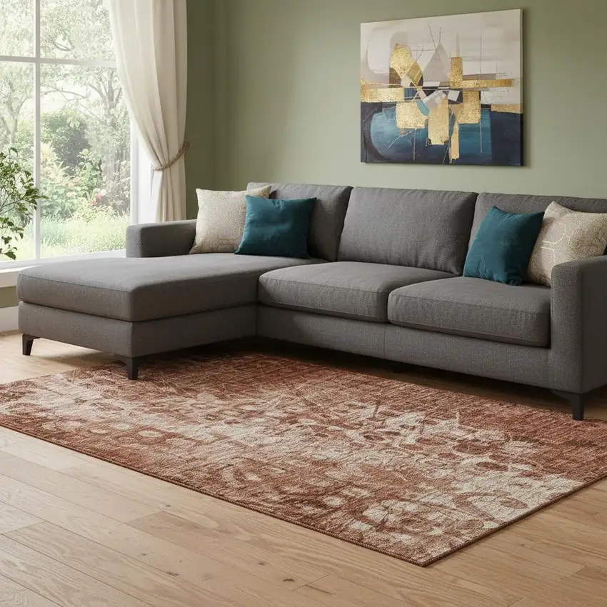 Chili Red And Ivory Ikat Washable Area Rug With UV Protection Photo 1