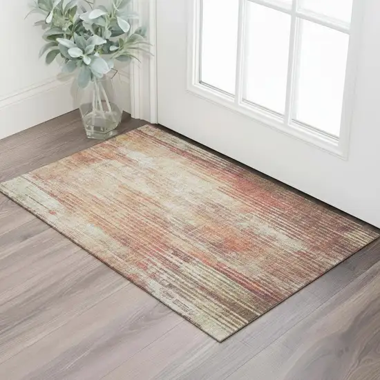 Chili Red And Ivory Striped Washable Area Rug With UV Protection Photo 1