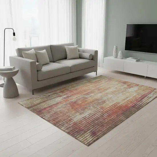 Chili Red And Ivory Striped Washable Area Rug With UV Protection Photo 2