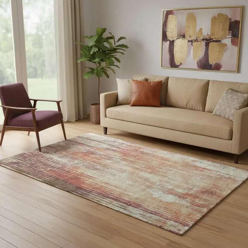 Chili Red And Ivory Striped Washable Area Rug With UV Protection Photo 1