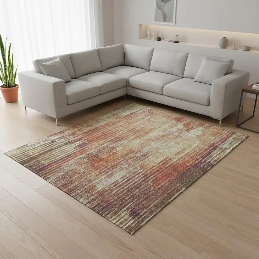 Chili Red And Ivory Striped Washable Area Rug With UV Protection Photo 2