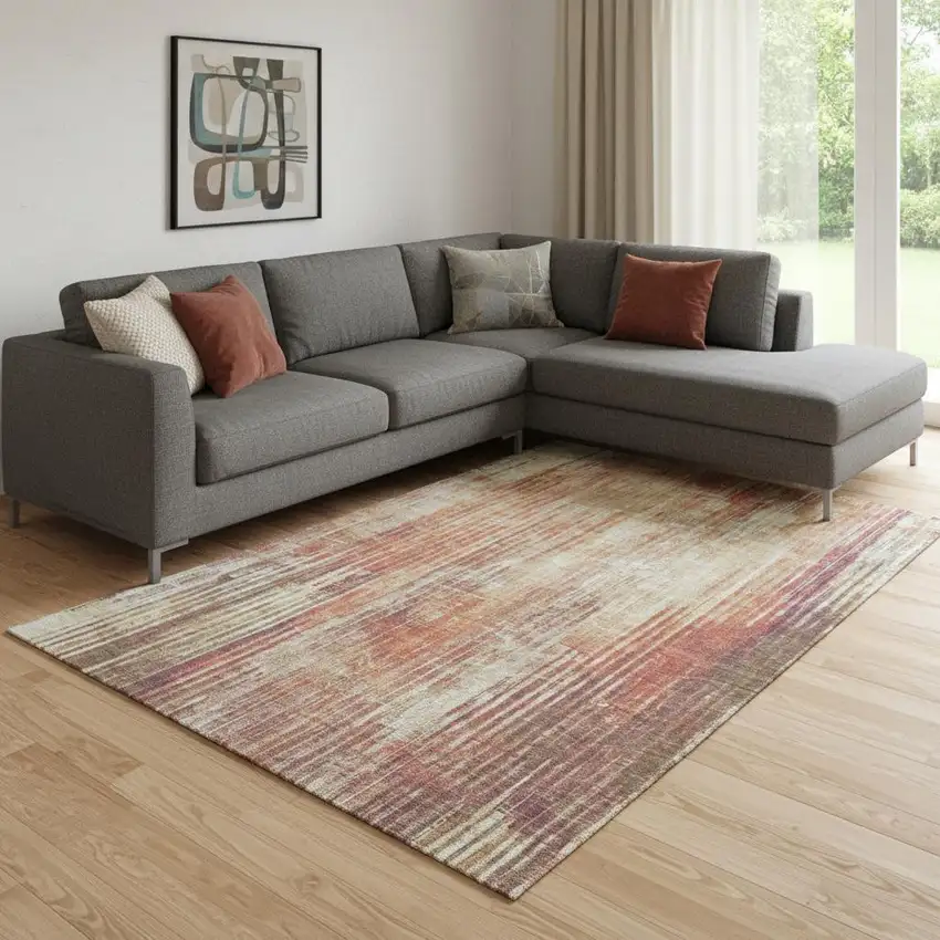 Chili Red And Ivory Striped Washable Area Rug With UV Protection Photo 1