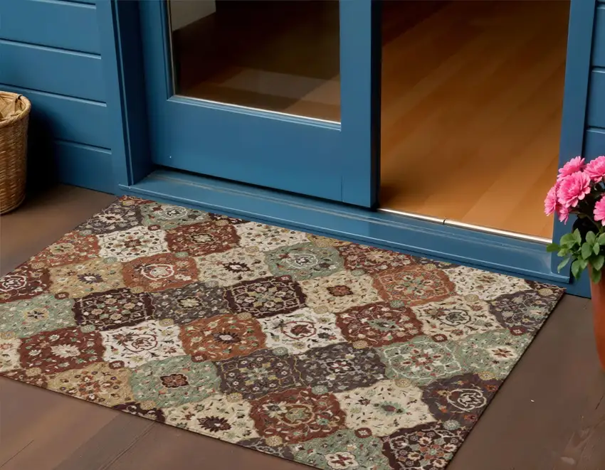 Chili Red Beige And Copper Floral Medallion Washable Indoor Outdoor Area Rug Photo 1