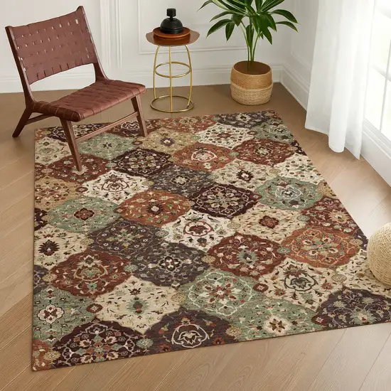 Chili Red Beige And Copper Floral Medallion Washable Indoor Outdoor Area Rug Photo 9