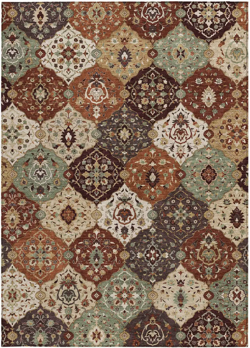 Chili Red Beige And Copper Floral Medallion Washable Indoor Outdoor Area Rug Photo 4