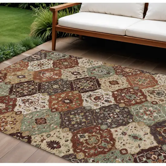 Chili Red Beige And Copper Floral Medallion Washable Indoor Outdoor Area Rug Photo 1