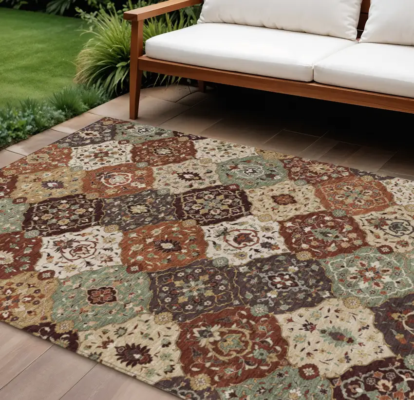 Chili Red Beige And Copper Floral Medallion Washable Indoor Outdoor Area Rug Photo 1