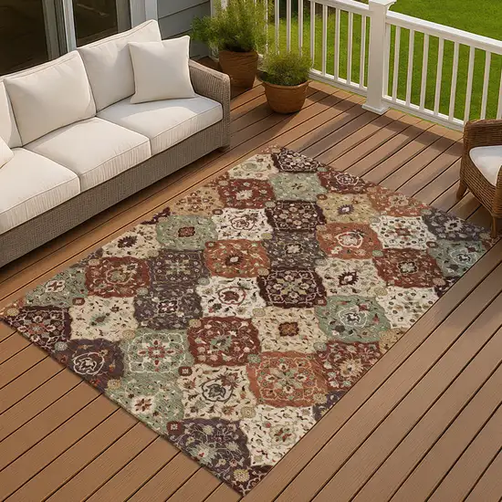 Chili Red Beige And Copper Floral Medallion Washable Indoor Outdoor Area Rug Photo 8