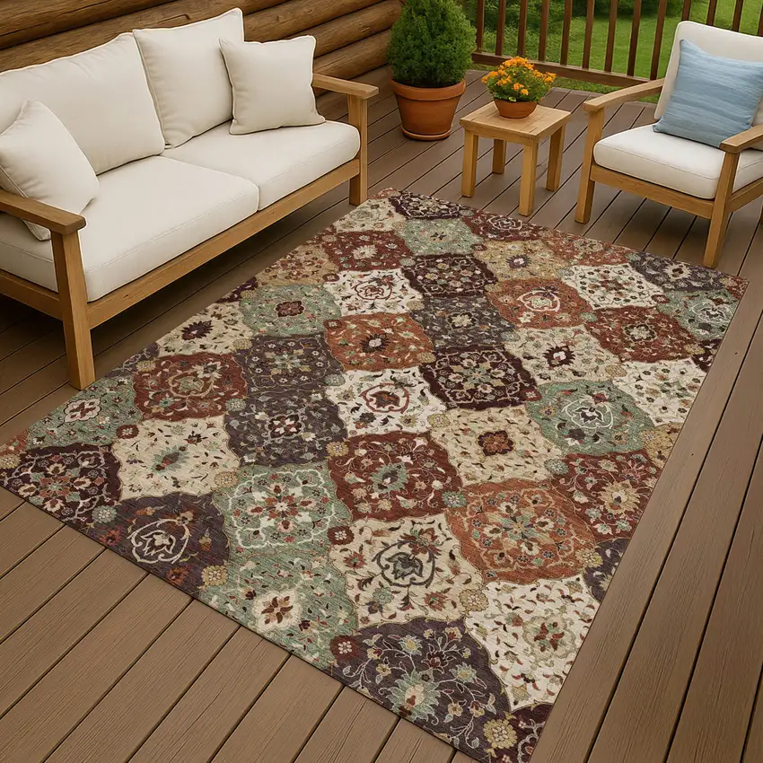 Chili Red Beige And Copper Floral Medallion Washable Indoor Outdoor Area Rug Photo 9