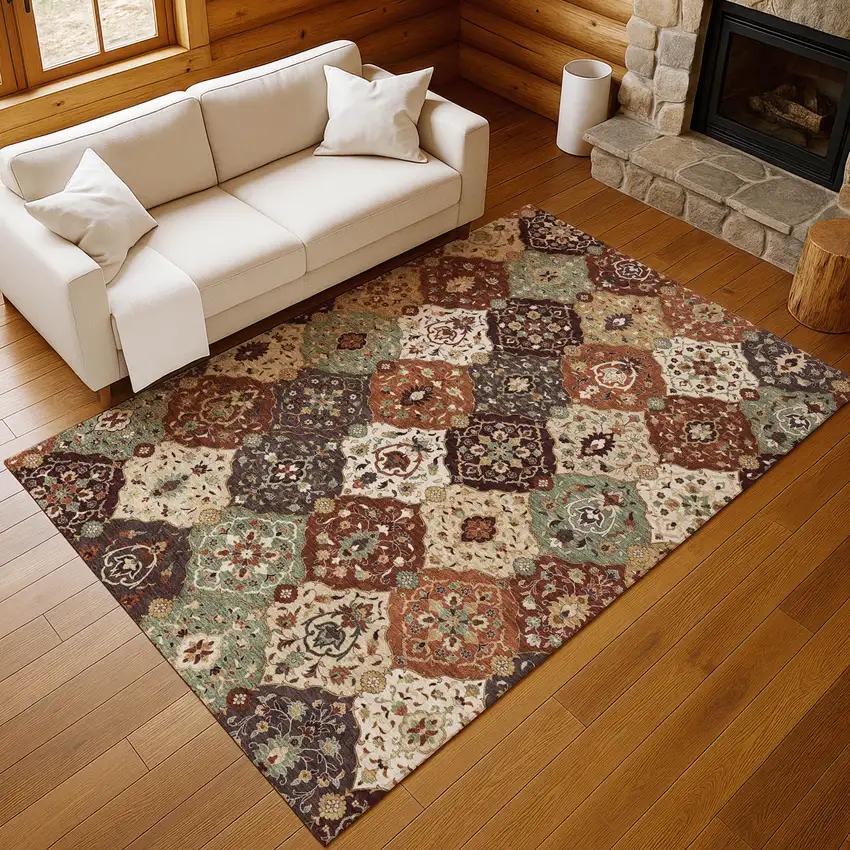 Chili Red Beige And Copper Floral Medallion Washable Indoor Outdoor Area Rug Photo 7