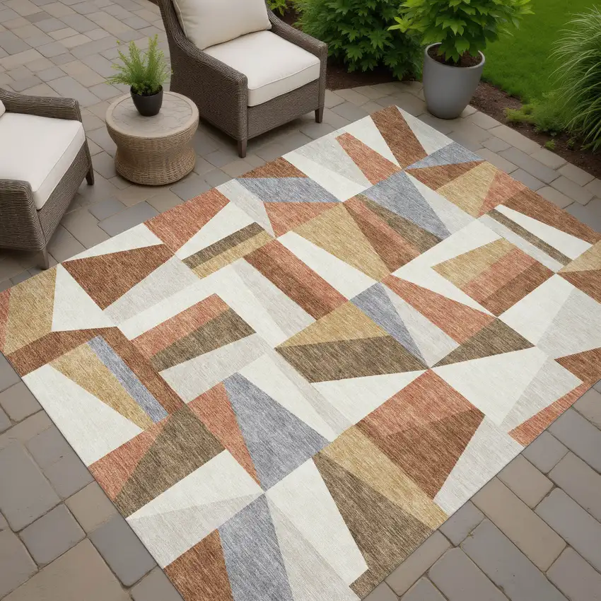 Chili Red Beige And Gray Geometric Washable Indoor Outdoor Area Rug Photo 8