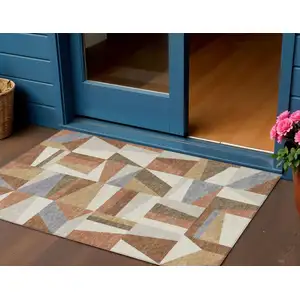 Photo of Chili Red Beige And Gray Geometric Washable Indoor Outdoor Area Rug