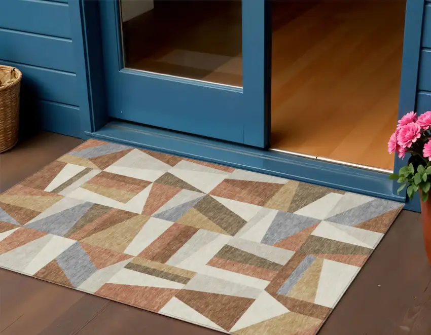 Chili Red Beige And Gray Geometric Washable Indoor Outdoor Area Rug Photo 1