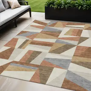 Photo of Chili Red Beige And Gray Geometric Washable Indoor Outdoor Area Rug