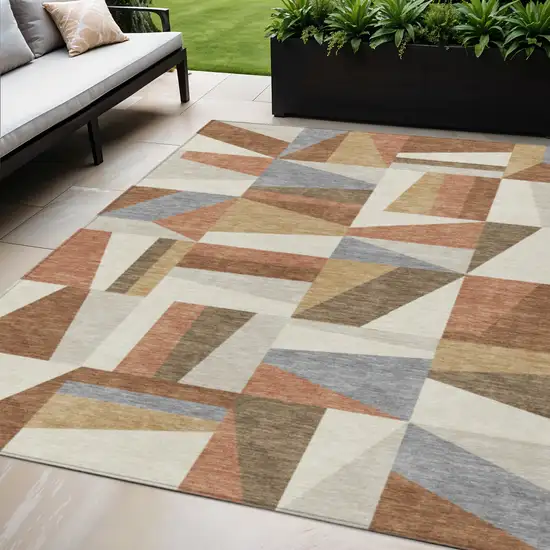Chili Red Beige And Gray Geometric Washable Indoor Outdoor Area Rug Photo 1