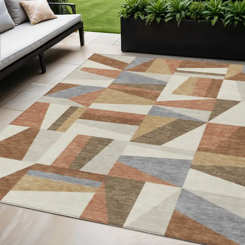 Chili Red Beige And Gray Geometric Washable Indoor Outdoor Area Rug Photo 1