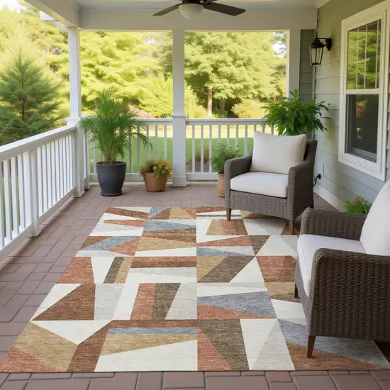 Chili Red Beige And Gray Geometric Washable Indoor Outdoor Area Rug Photo 9